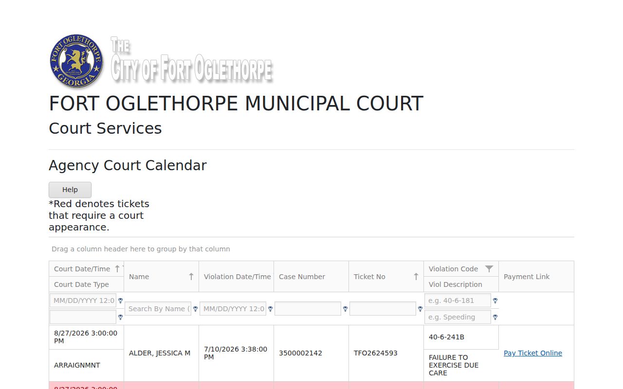 Fort Oglethorpe court docket Courtware calendar